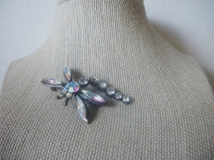 Vintage Brooch Pin, Dragonfly, Sparkling AB Crystals, Aurora Borelias, Bronze Tone, Wiggle Tail, 72517