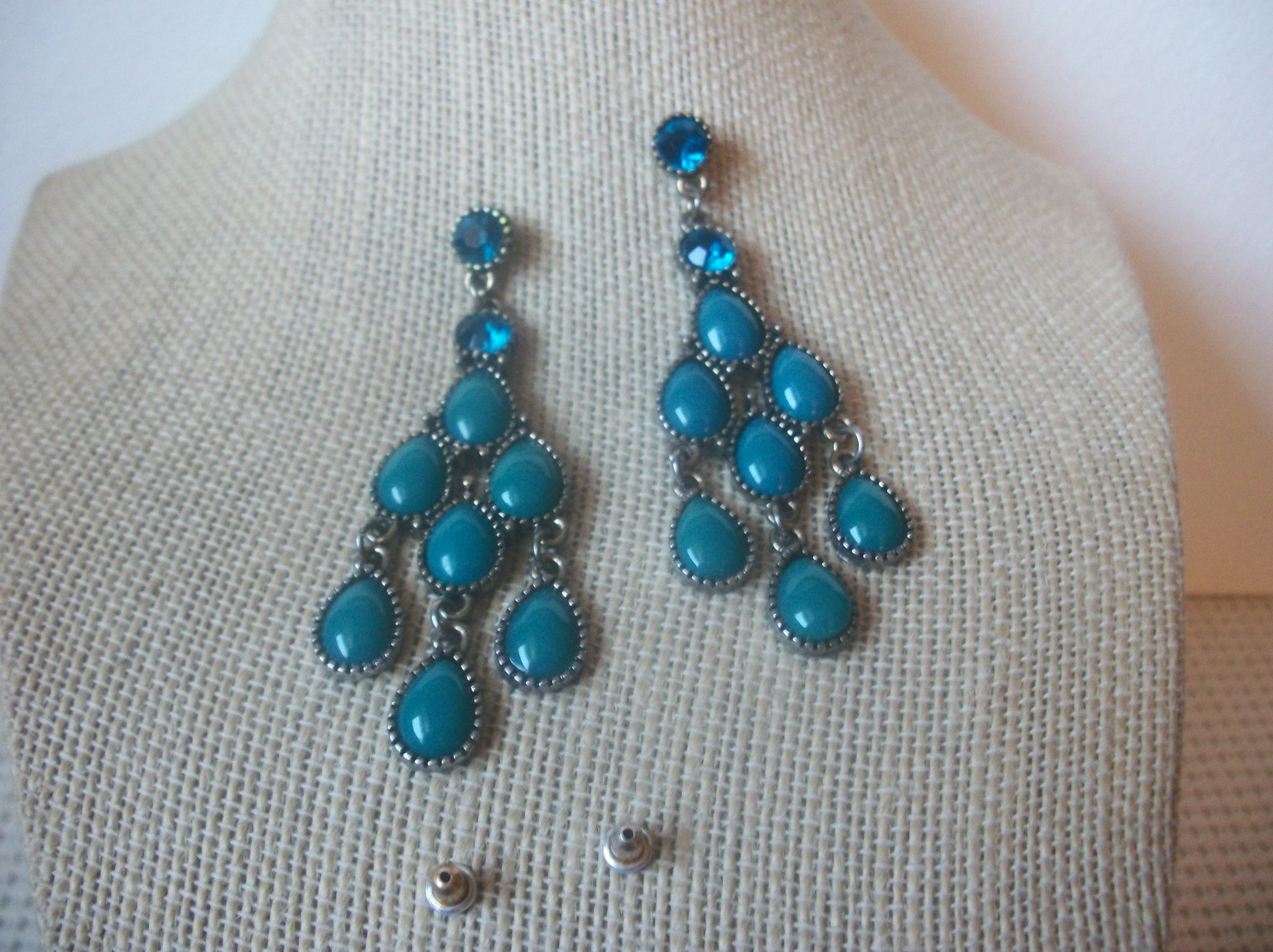 Long Chandelier Blue Rhinestone Post Pierced Vintage Earrings 63017