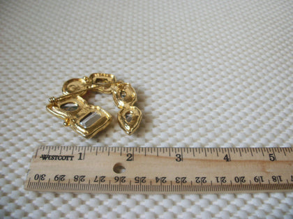 Larger Vintage Brooch Pin, Modernist Colorful Glass Inlays Abstract Gold Tone, 122220