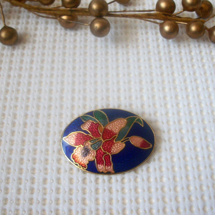 Colorful Cloisonne Flower Design 1 1/2" Long Vintage Brooch Pin 61717