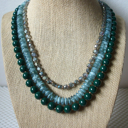 Vintage 18" - 20" Signed LOFT Green Glass Triple Row Adjustable Necklace 030621