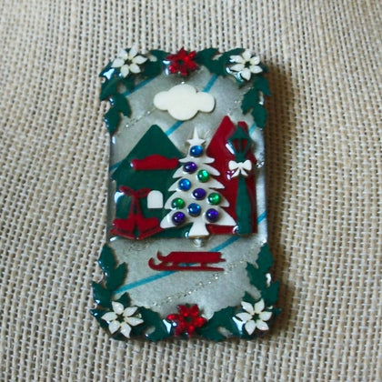 Larger Very Detailed Lucinda House Pins, Christmas Poinsettia Tree Sled 021321