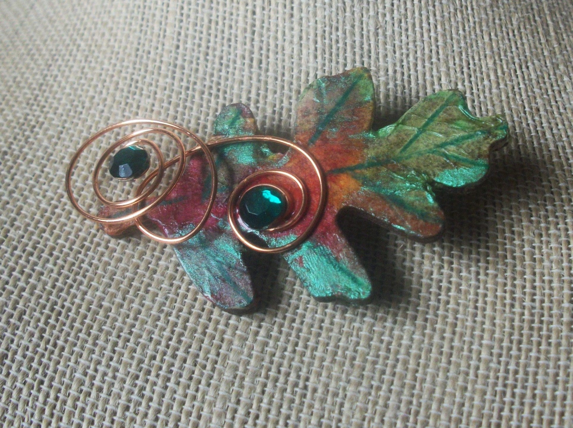 Hand Crafted Fall Leaf Copper Wired Green Rhinestones Made From Wood, Vintage Brooch Pin 022221