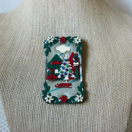 Larger Very Detailed Lucinda House Pins, Christmas Poinsettia Tree Sled 021321
