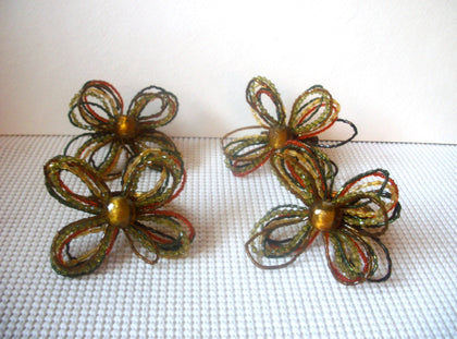 Set of 4 Vintage Napkin Holders Ring, Olive Burnt Orange brown  Fall Tones Hand Wired Flowers Bejeweled Center Foil Glass Bead Vintage