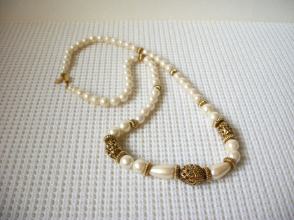 Signed 1928 Company  Glass Pearls Gold Tone Open Cut Metal Beads 24" Chain Necklace 030521