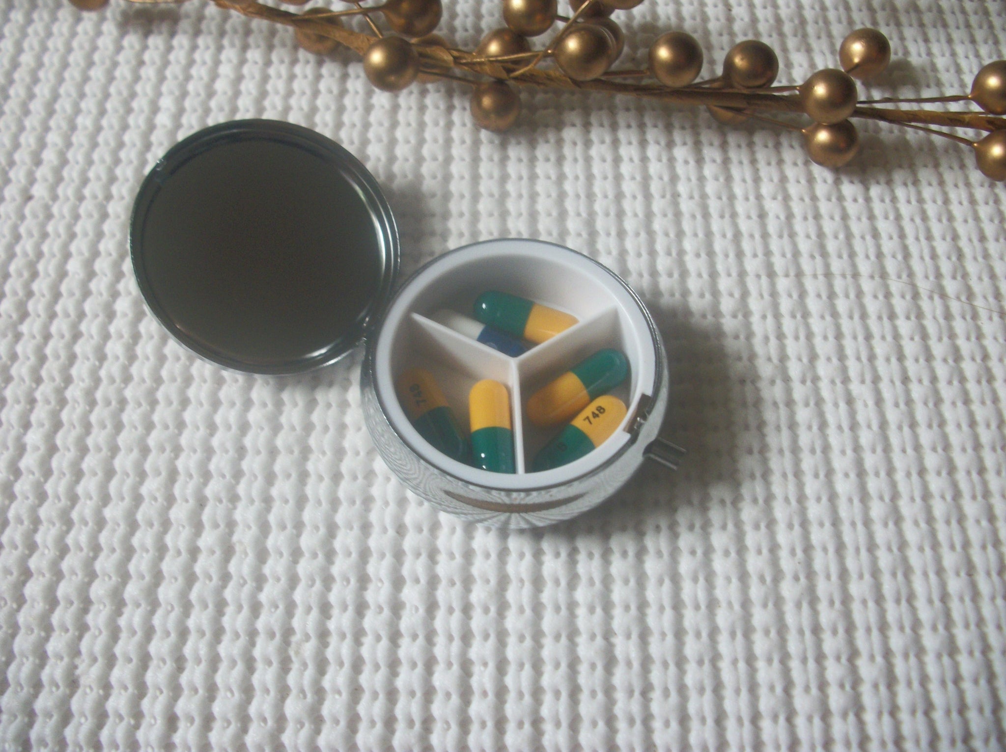 Round Stainless Steel Hummingbird Pill Box 7817