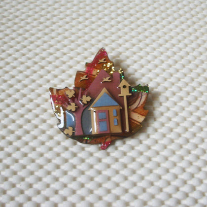 Vintage Ultra Rare Signed Lucinda House Pins, Maple Leaf Fall Bird House 61318