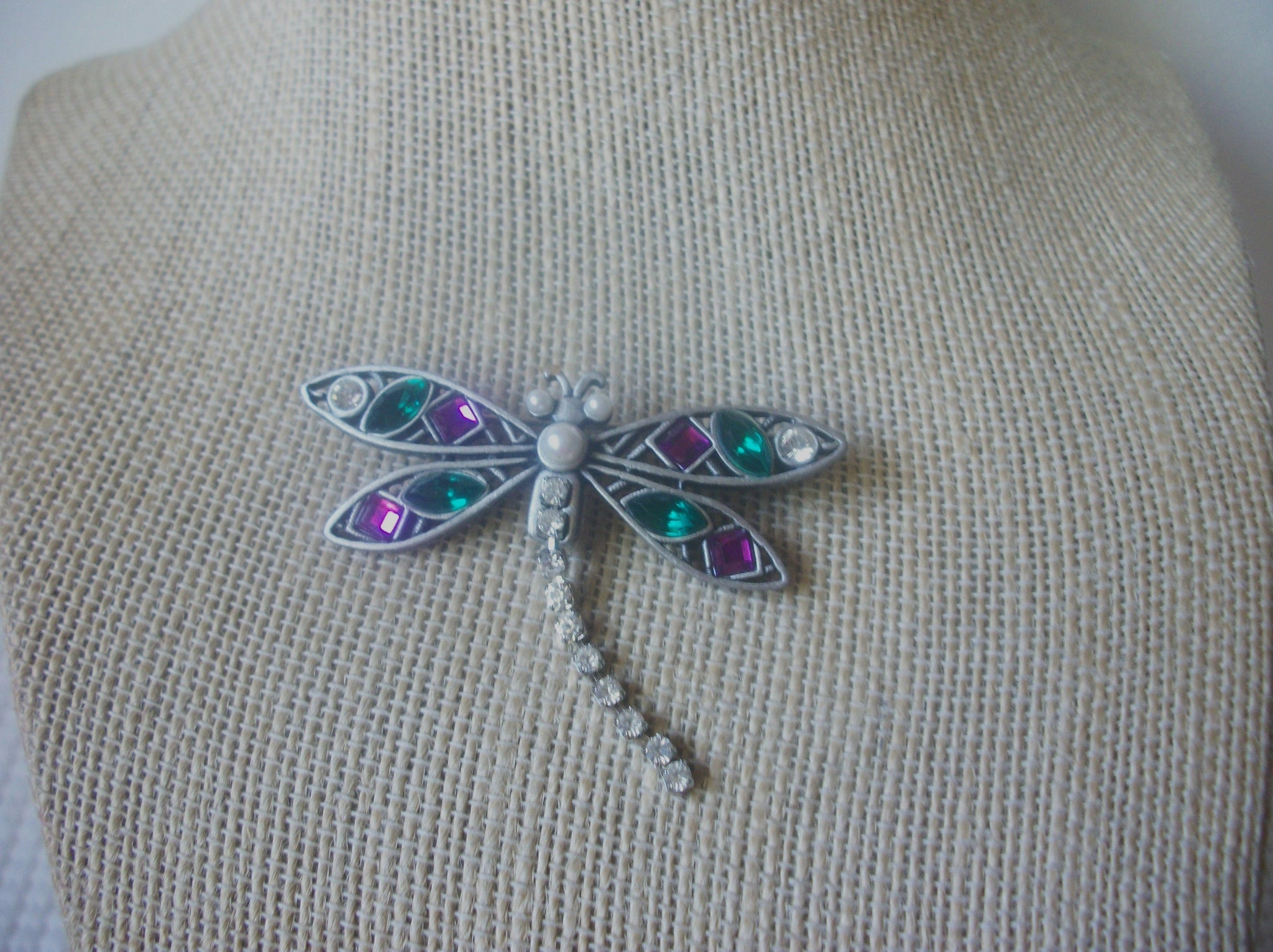 Vintage Brooch Pin Signed JJ, Adorable Teal Purple Fuchsia Clear Pink Rhinestones Dragonfly Wiggle Tail White Pearls, Silver Tone 80817