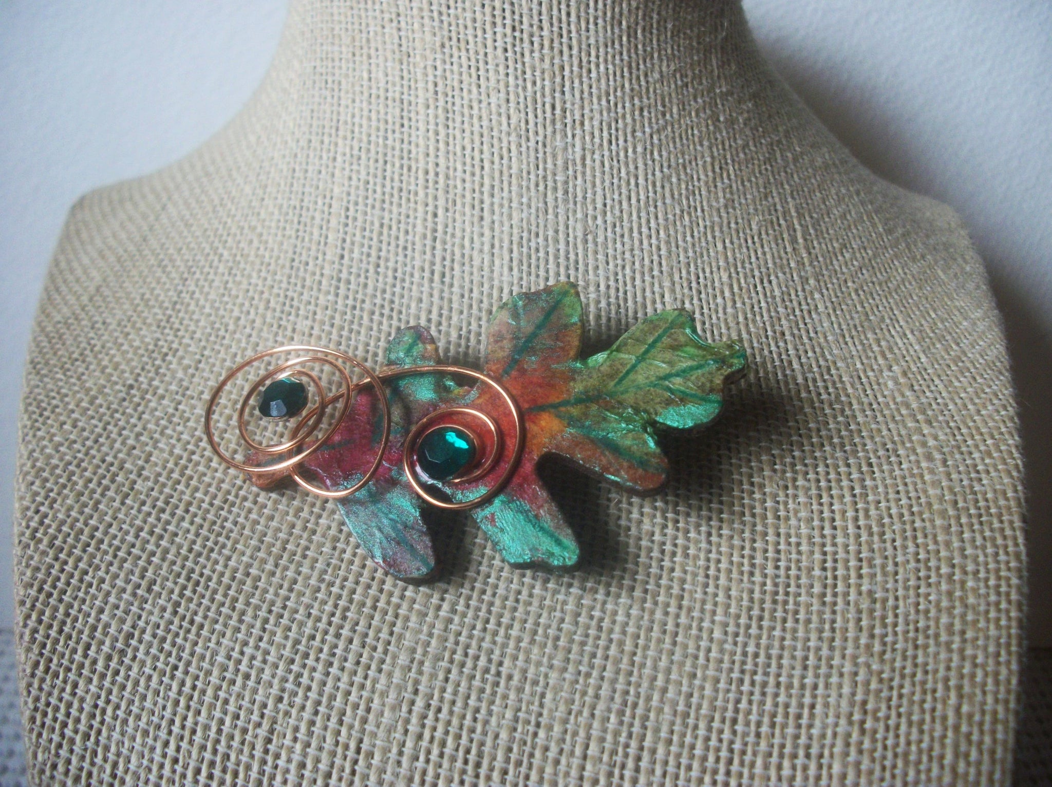 Hand Crafted Fall Leaf Copper Wired Green Rhinestones Made From Wood, Vintage Brooch Pin 022221