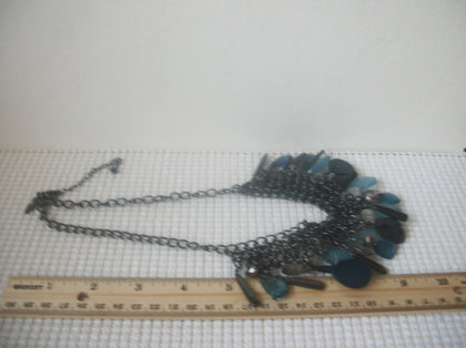 Signed NY Retro 20" - 22" Blue Clear Gray Dangle Bib Design Dark Silver Tone 030321