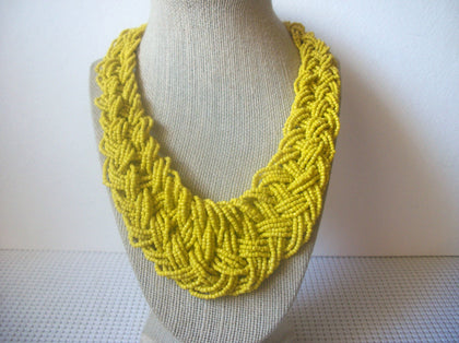 Chunky Vintage Jewelry, Mustard Yellow, Micro Glass Beads, Necklace Hand Braided 53018