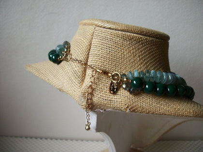 Vintage 18" - 20" Signed LOFT Green Glass Triple Row Adjustable Necklace 030621