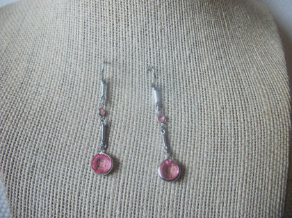 Retro Silver Tone Pink Glass Bezel Set Dangle Earrings 022421