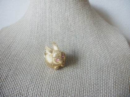 Vintage Stick Pin, Signed Gold Crown, Gold tone spring hear bunny pin with pink eyes 72517