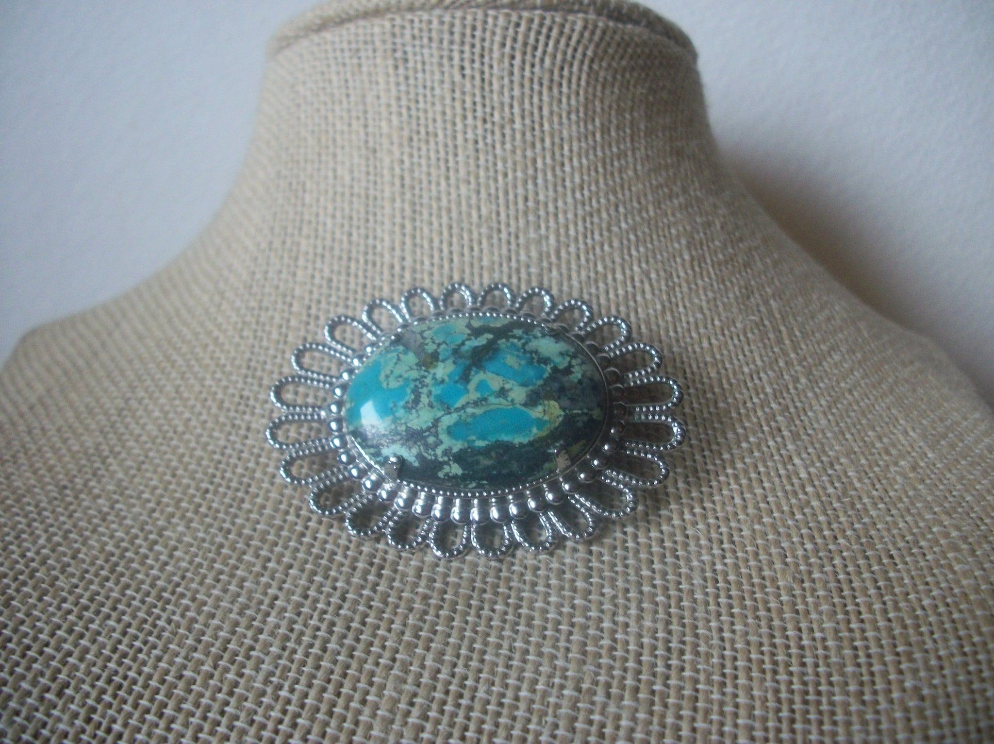 Southwestern Polished Gem Stone, Silver Tone Brooch Pin, Vintage 022321