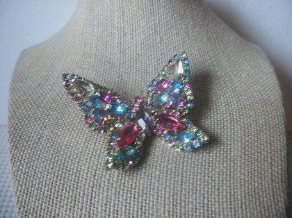 Vintage Jewelry, Signed WEISS, Colorful Crystals, Prong Set Butterfly Gold Tone Brooch Pin 61620