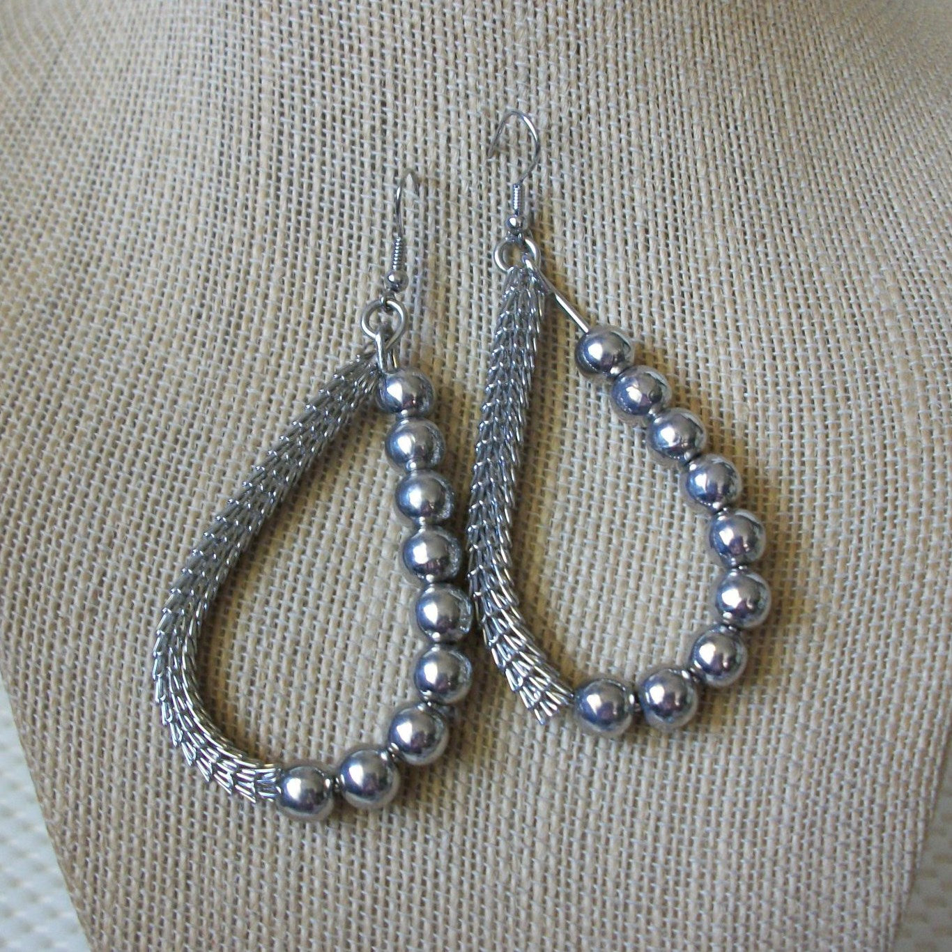 BOLD Vintage Pierced Earrings Silver Toned Coil Beaded 51016