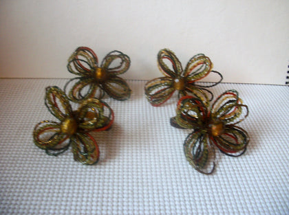 Set of 4 Vintage Napkin Holders Ring, Olive Burnt Orange brown  Fall Tones Hand Wired Flowers Bejeweled Center Foil Glass Bead Vintage