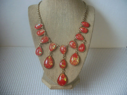 Vintage 20" - 22" Bib Necklace Orange Glitter Shimmer Gold Tone 30617