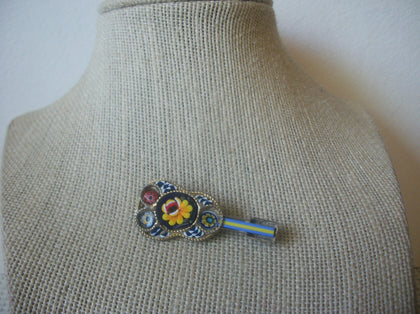 Vintage Brooch Pin, Italian Mosaic, Instrument Guitar, Colorful Stones, Gold Tone 72517