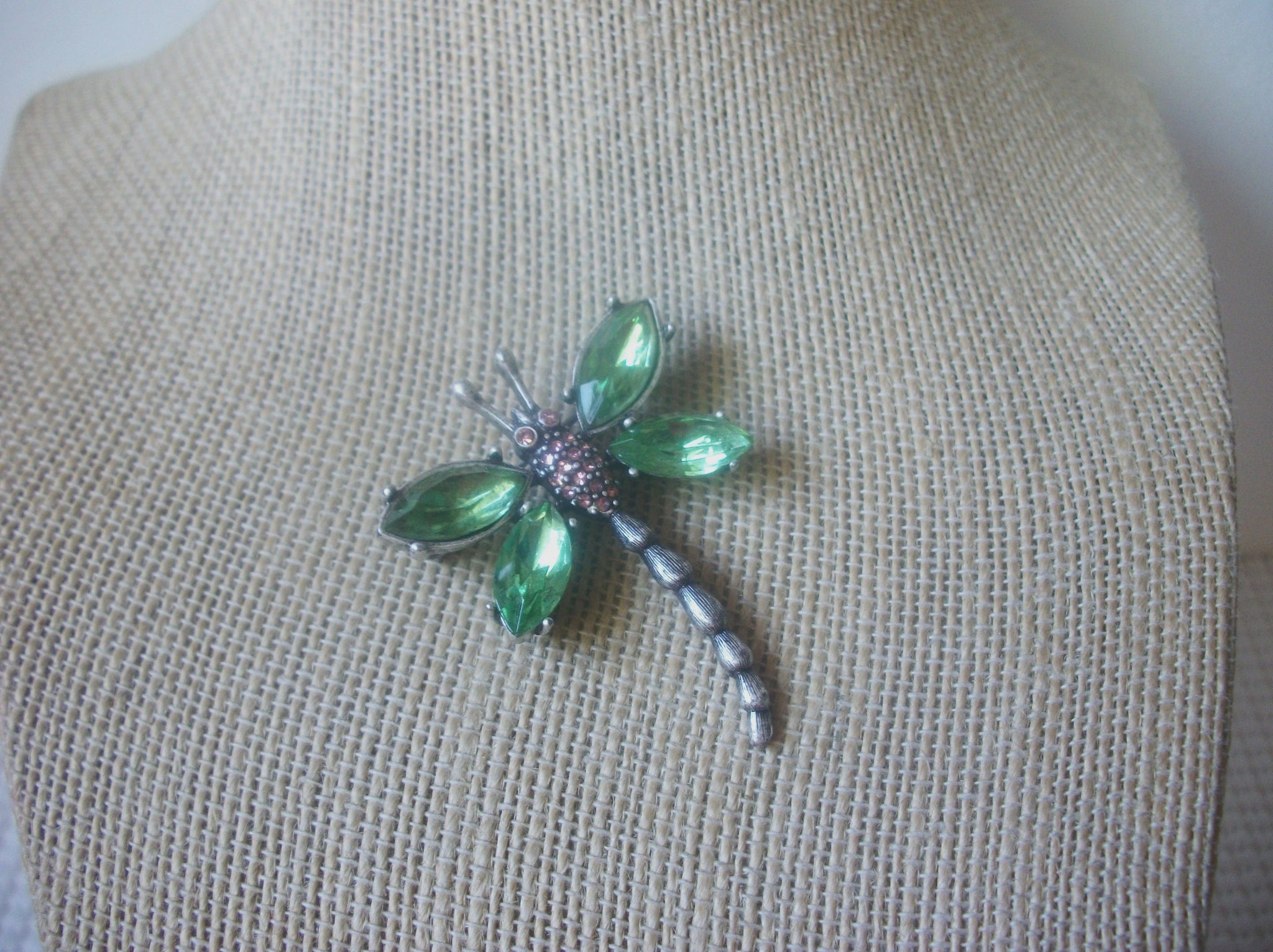 Vintage Brooch Pin Adorable Green Glass Pink Rhinestones Dragonfly Prong Set Silver Tone 80817