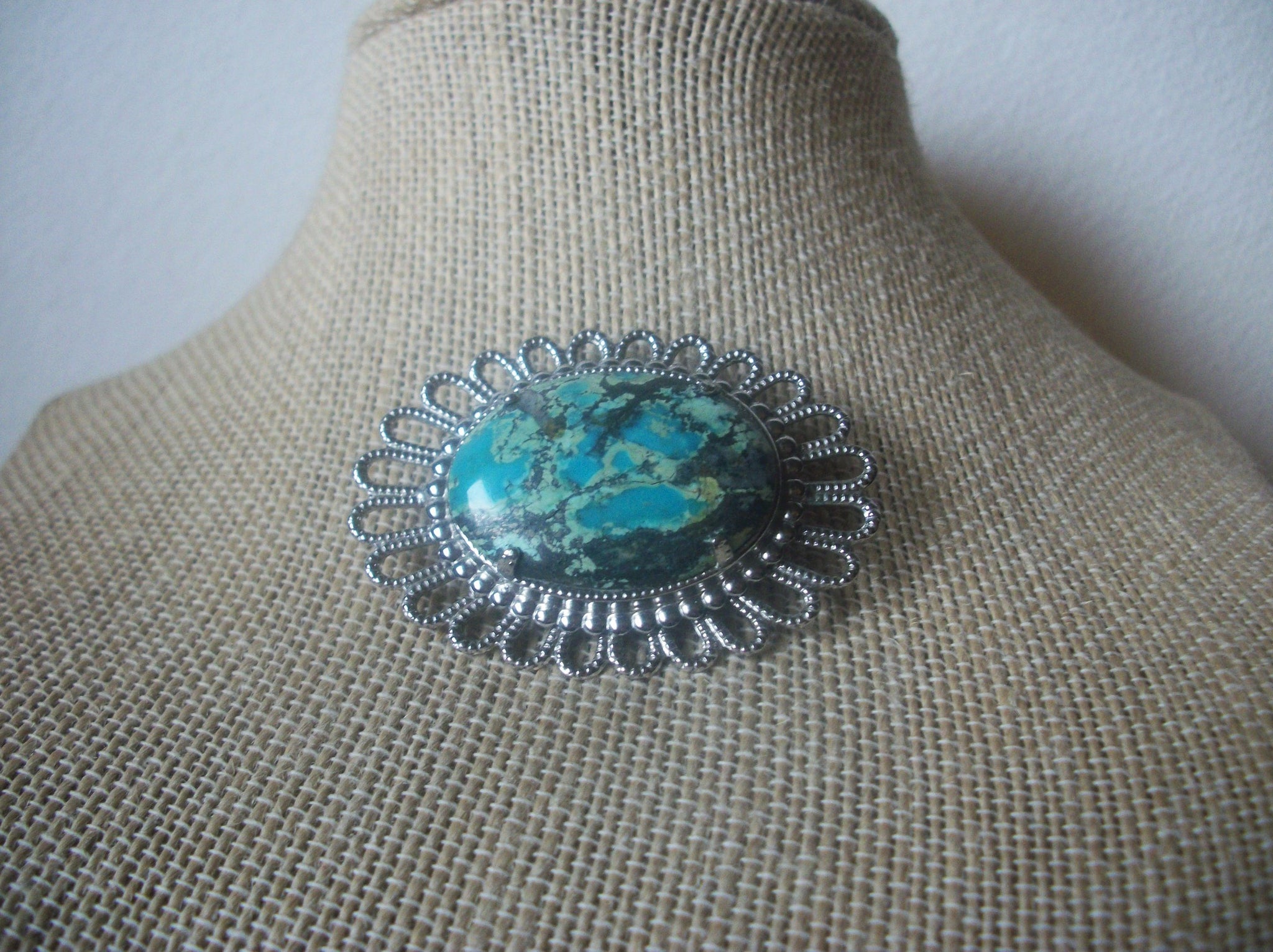 Southwestern Polished Gem Stone, Silver Tone Brooch Pin, Vintage 022321