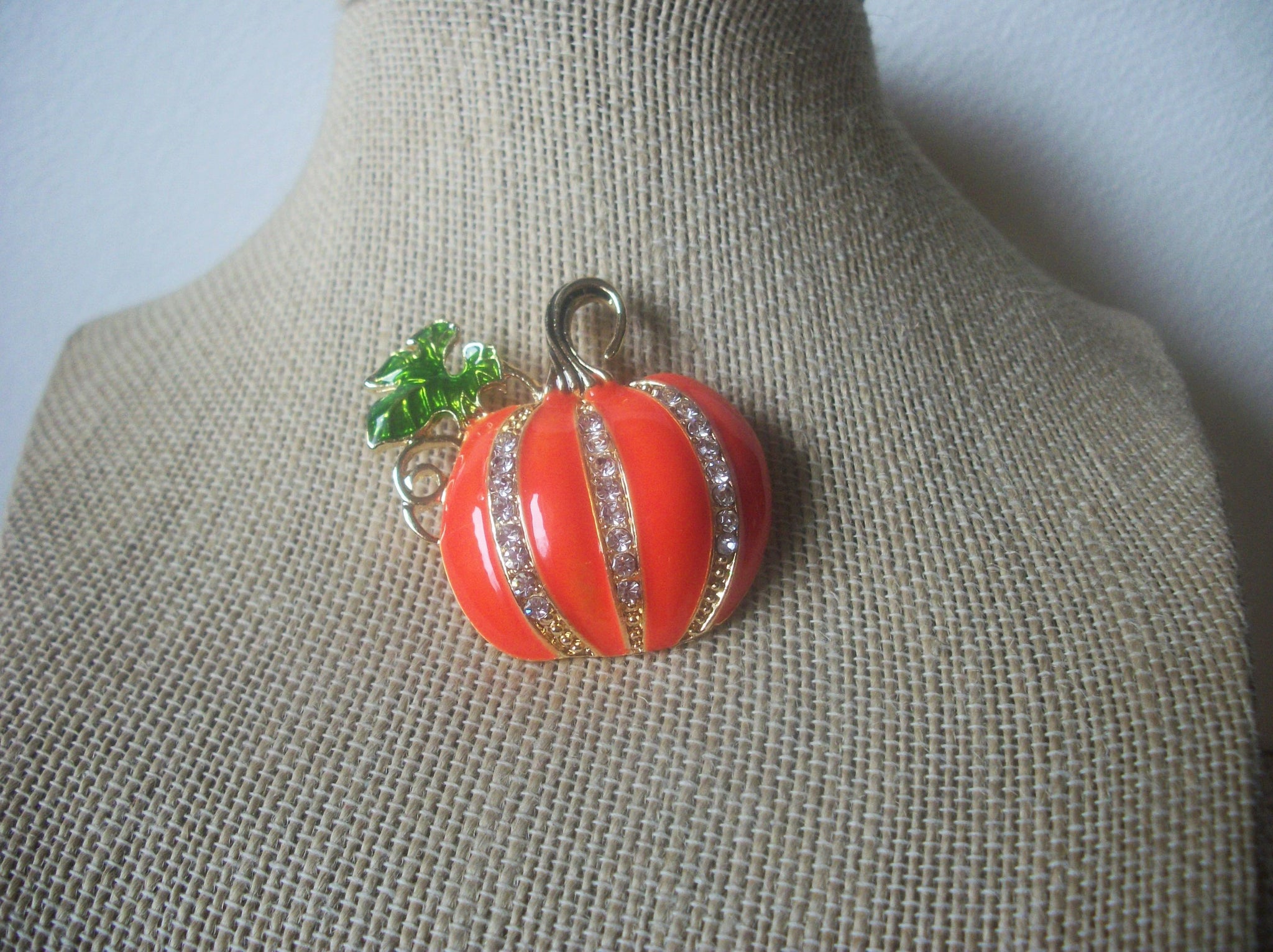 Vintage Jewelry, Halloween Fall Pumpkin, Orange Enameled, Clear Rhinestones, Brooch Pin 022621