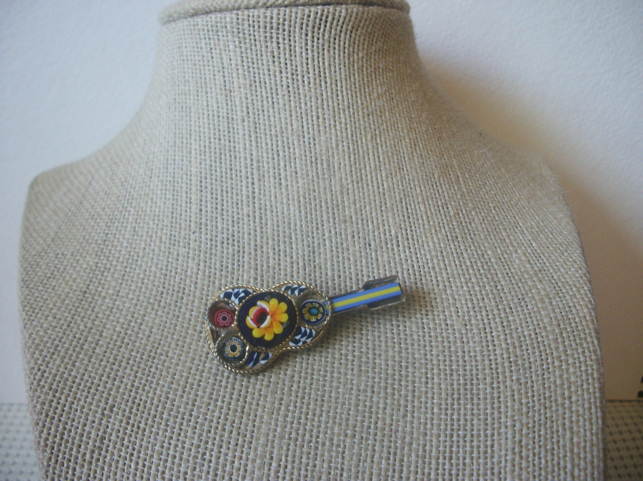 Vintage Brooch Pin, Italian Mosaic, Instrument Guitar, Colorful Stones, Gold Tone 72517