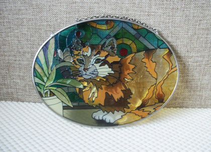 Vintage Joan Baker Designs Resting Cat Oval Stained Glass Sun Catcher Hand Painted C200 Gift for Wife