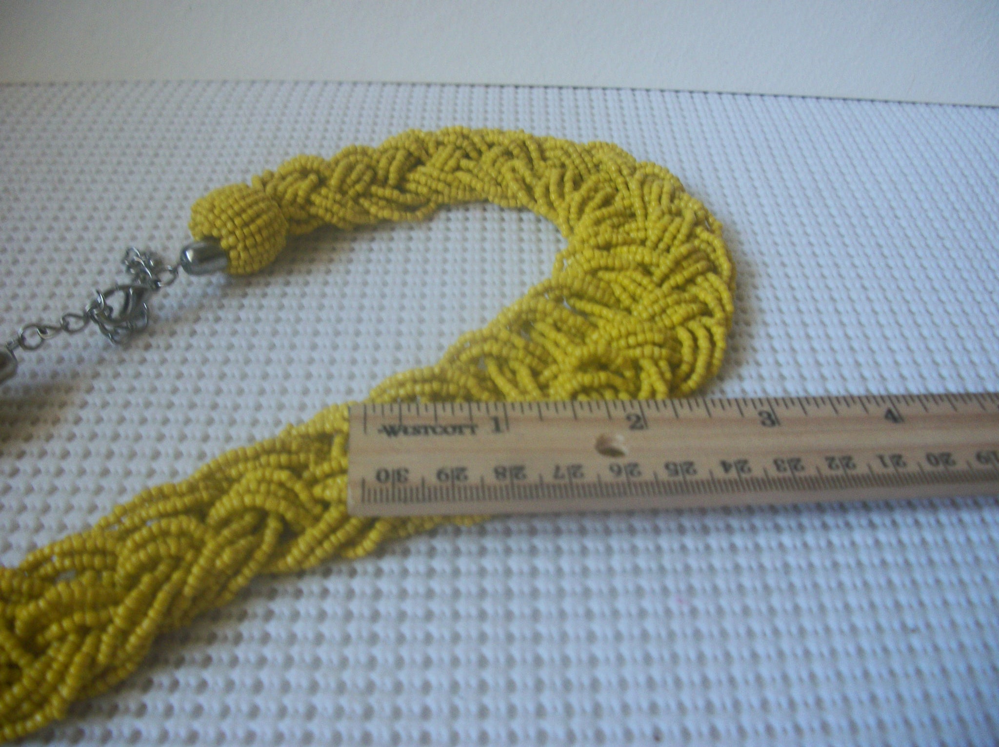 Chunky Vintage Jewelry, Mustard Yellow, Micro Glass Beads, Necklace Hand Braided 53018