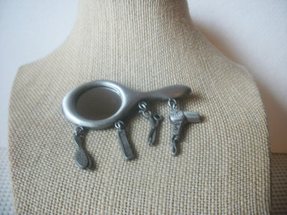 Vintage Signed JJ, Pewter Glass Charms Hairdresser Brooch Pin 022721