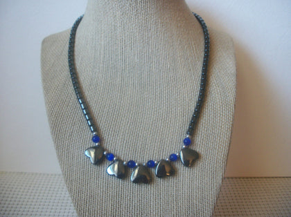 Hematite Semi Precious Hearts, Cobalt Blue Glass 18" Long Vintage Necklace 63017