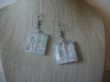 Vintage Earrings, Crackle Clear, Acrylic, Silver Tone, Pierced, 022021