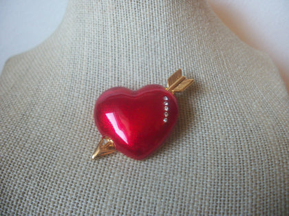 Red Enameled Heart Gold Tone Clear Rhinestones, Love Valentine Vintage Brooch Pin 63017