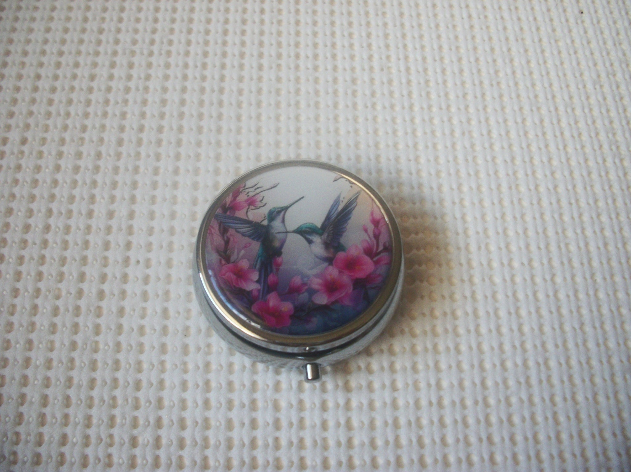 Round Stainless Steel Hummingbird Pill Box 7817