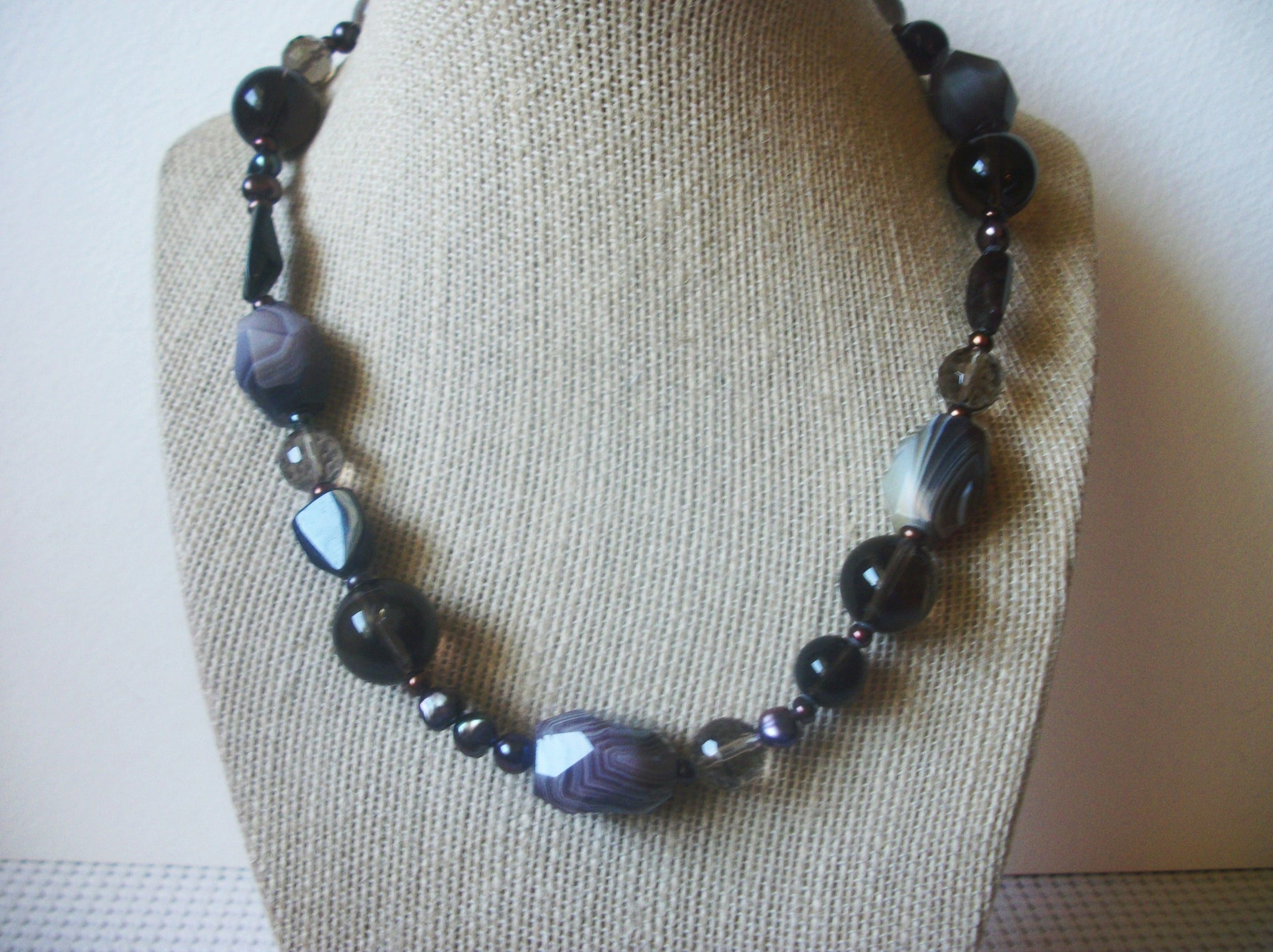 Vintage Jewelry, 16" - 19" Long, Necklace Hand Made, Botswana Agate Smokey Quartz, Freshwater Pearls, Sterling Silver, Tourmaline Nuggets,  90517