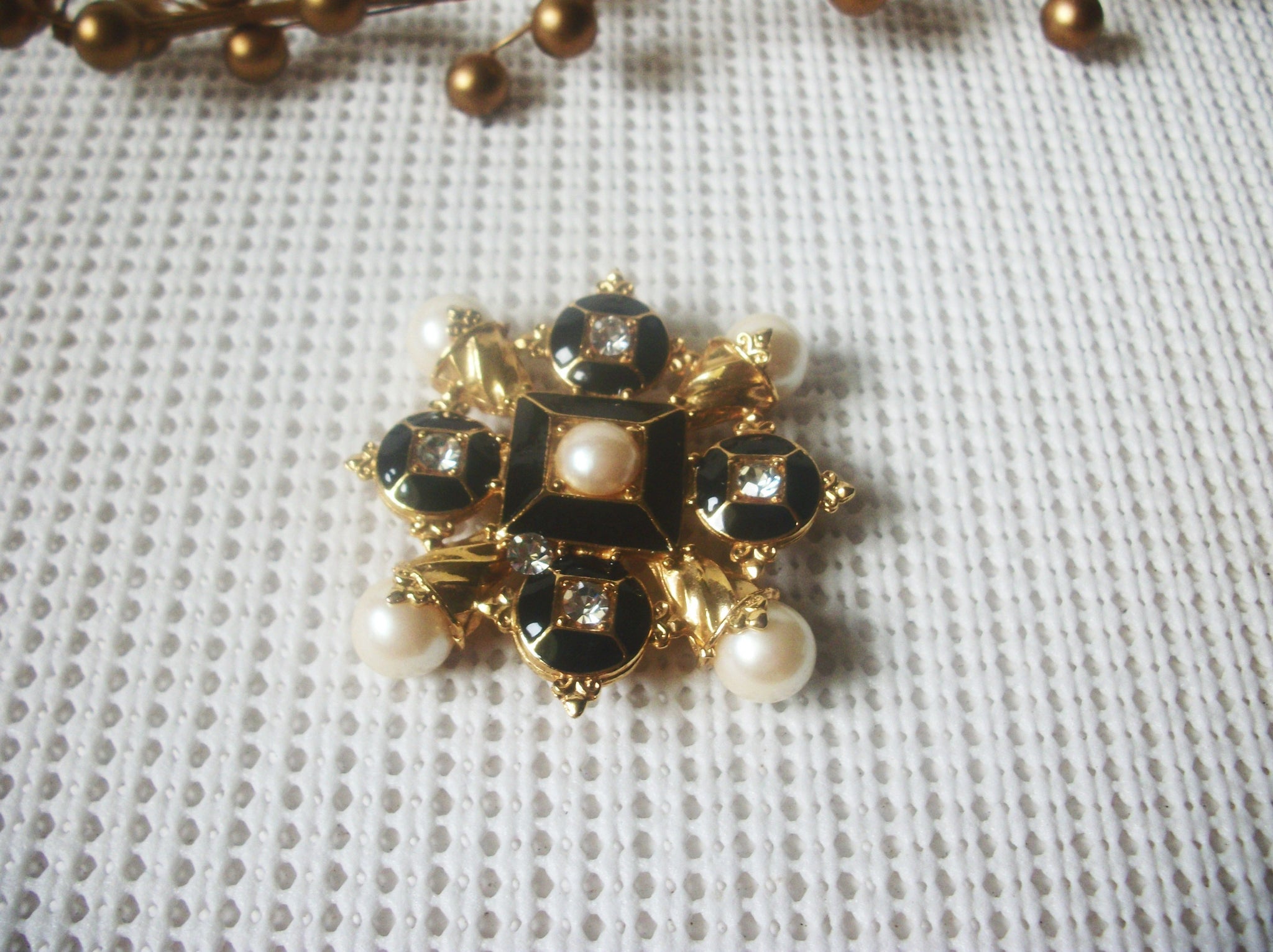 Vintage Brooch Pin, Signed Premier Design Clear Crystals Faux Pearl Black Enameled, Gold Tone 82317