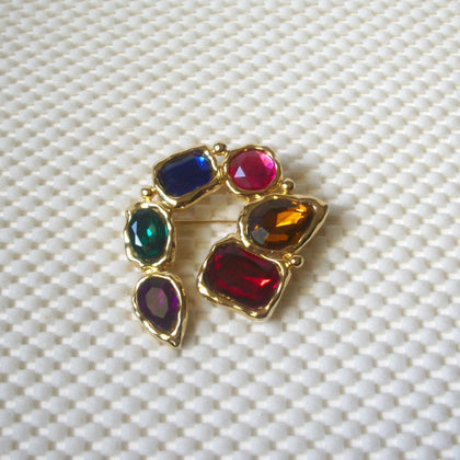 Larger Vintage Brooch Pin, Modernist Colorful Glass Inlays Abstract Gold Tone, 122220