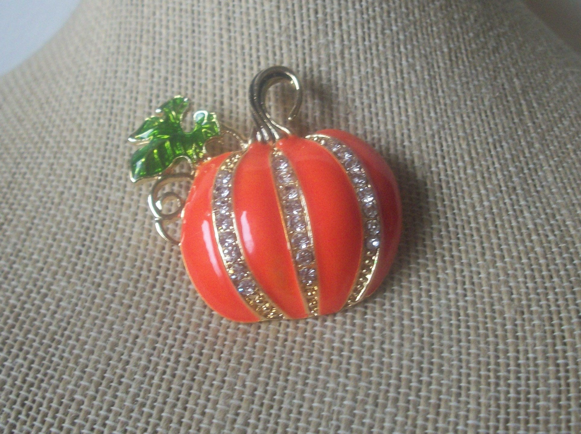 Vintage Jewelry, Halloween Fall Pumpkin, Orange Enameled, Clear Rhinestones, Brooch Pin 022621