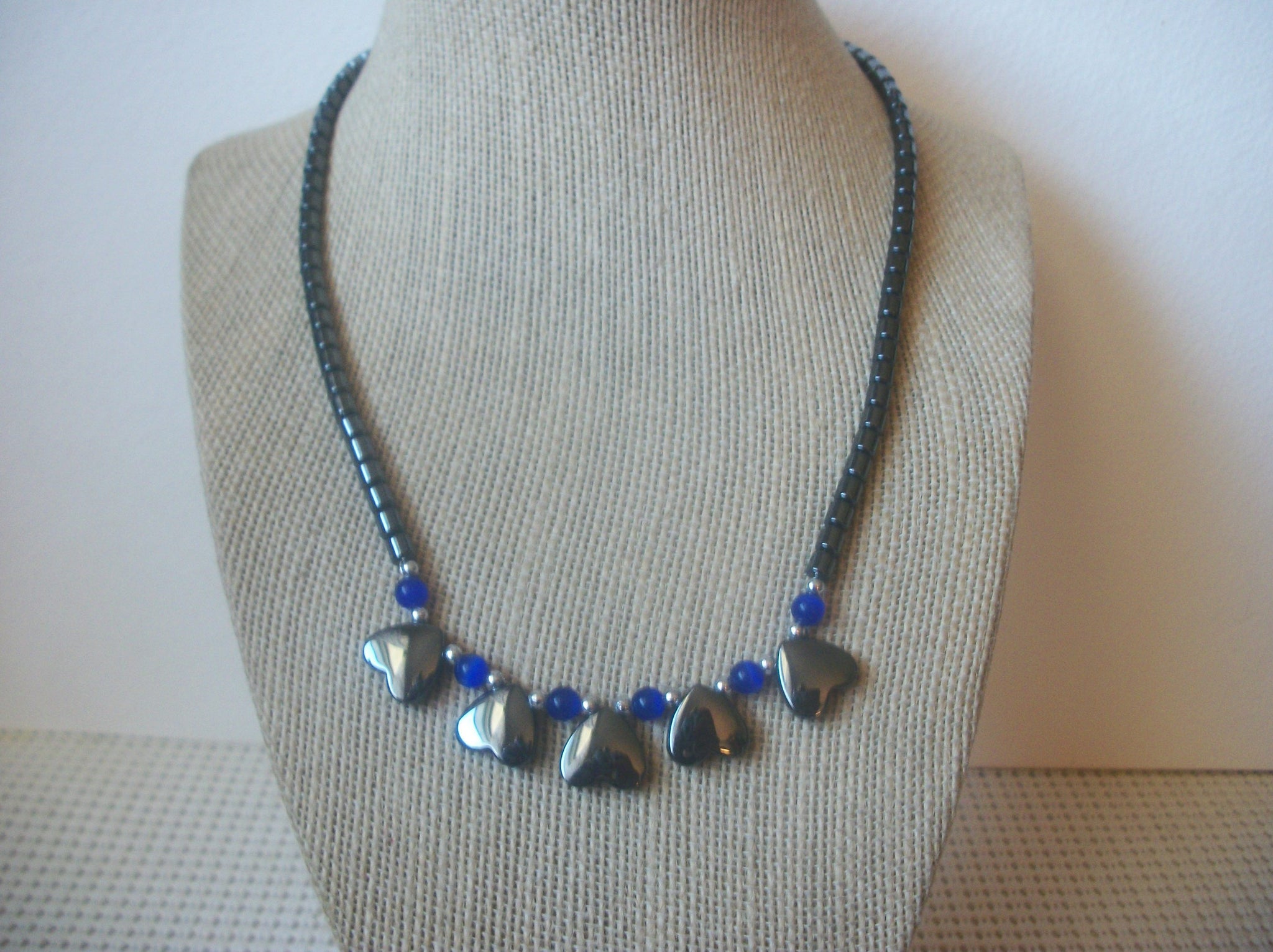 Hematite Semi Precious Hearts, Cobalt Blue Glass 18" Long Vintage Necklace 63017