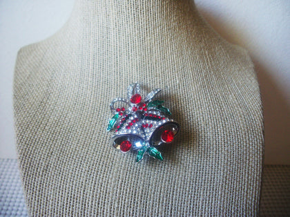 Vintage Jewelry, Silver Tone Red Green Clear Rhinestone Inlays Christmas Bell Brooch Pin 51018