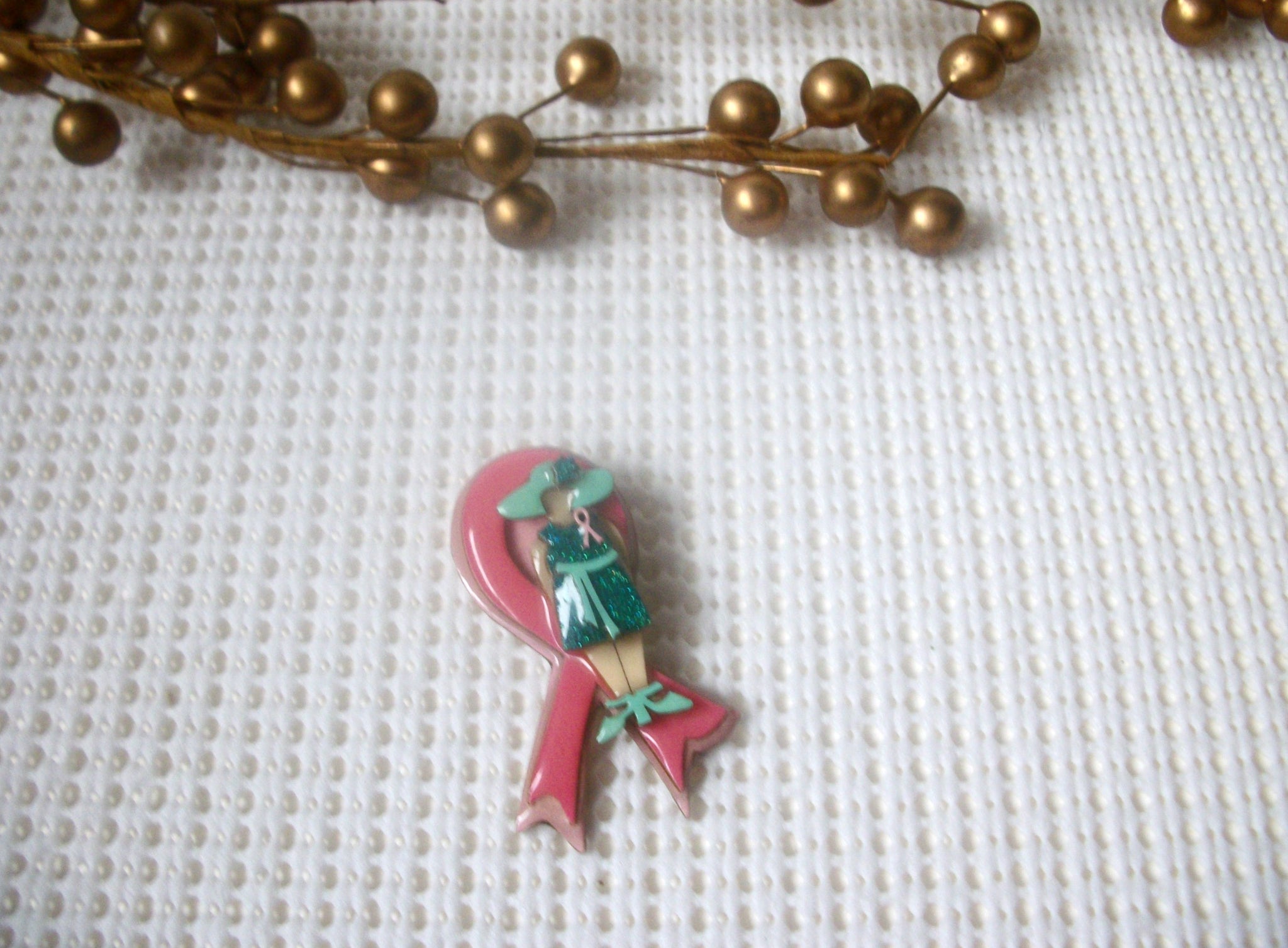 Vintage Lucinda Woman Pins, Awareness Pink Ribbon Shamrock Glitter Lady 021321