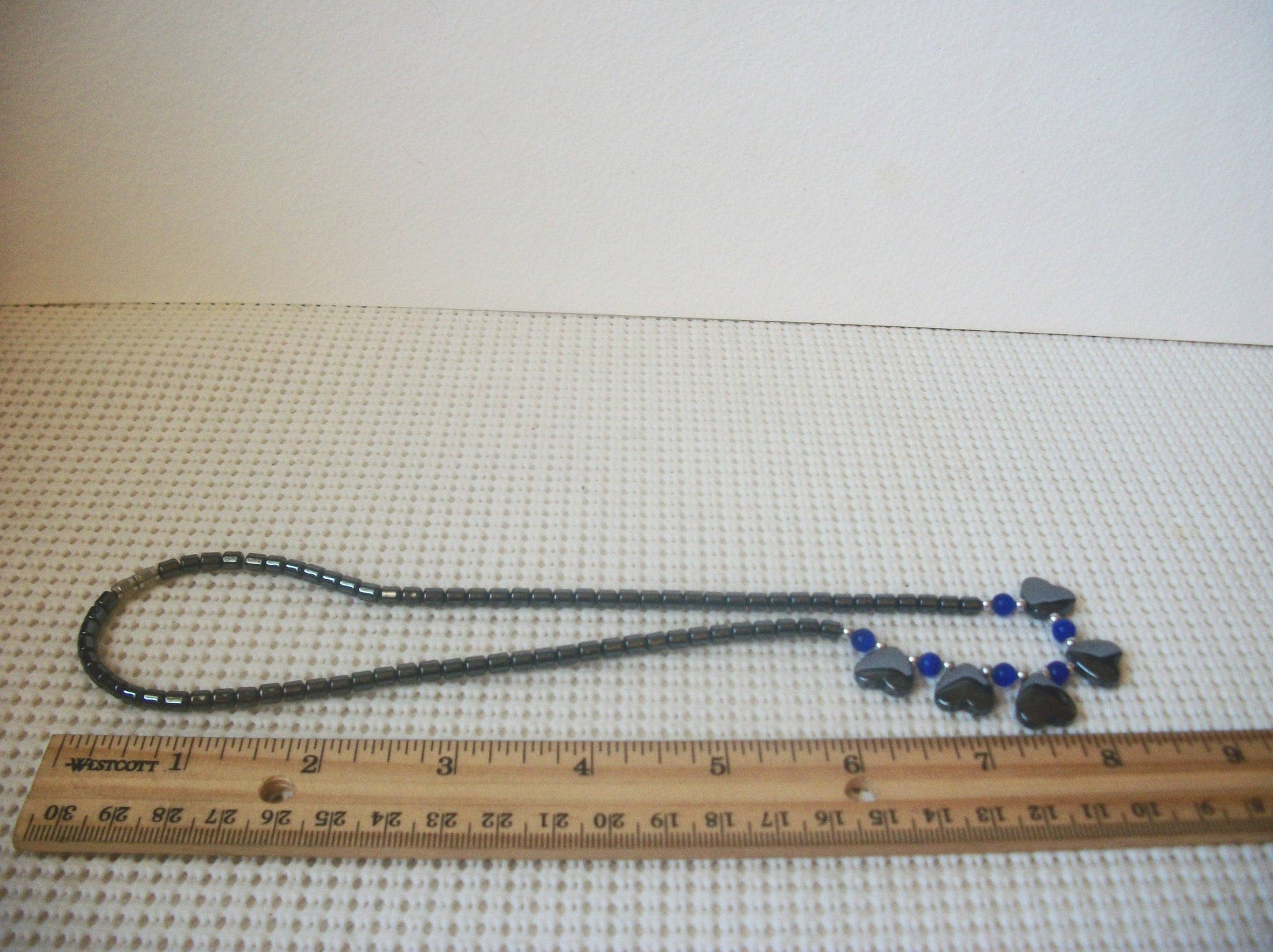 Hematite Semi Precious Hearts, Cobalt Blue Glass 18" Long Vintage Necklace 63017