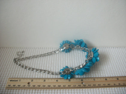 Retro 16" - 18" Blue Flowers Clear Rhinestones, Bib Design Panel Silver Tone 030321