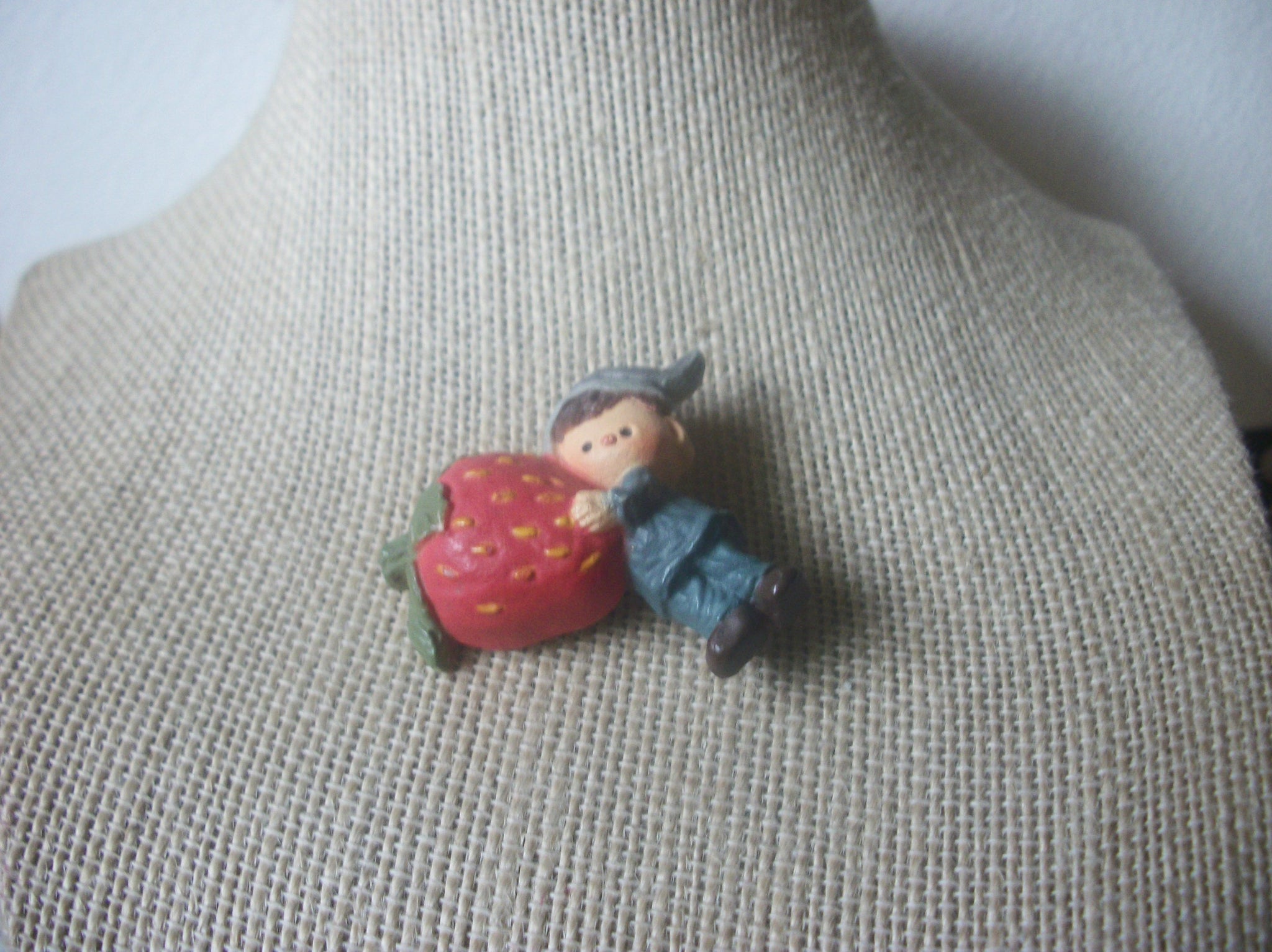 Vintage Brooch Pin, Sweet Little Elf, Holding Strawberry, Old Plastic, Hand Painted, 021921