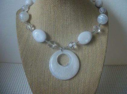 Vintage 18" - 20" Donut Pendant Necklace Clear White Old Plastic 30617