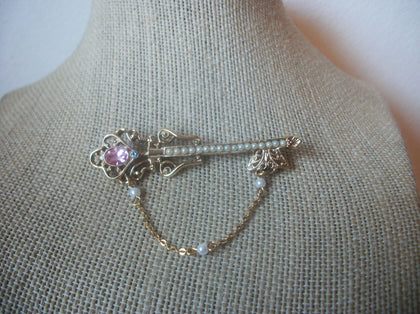 Victorian Inspired, Gold Tone, Key Pink Clear Rhinestones, White Faux Pearls, Vintage Brooch Pin 63017