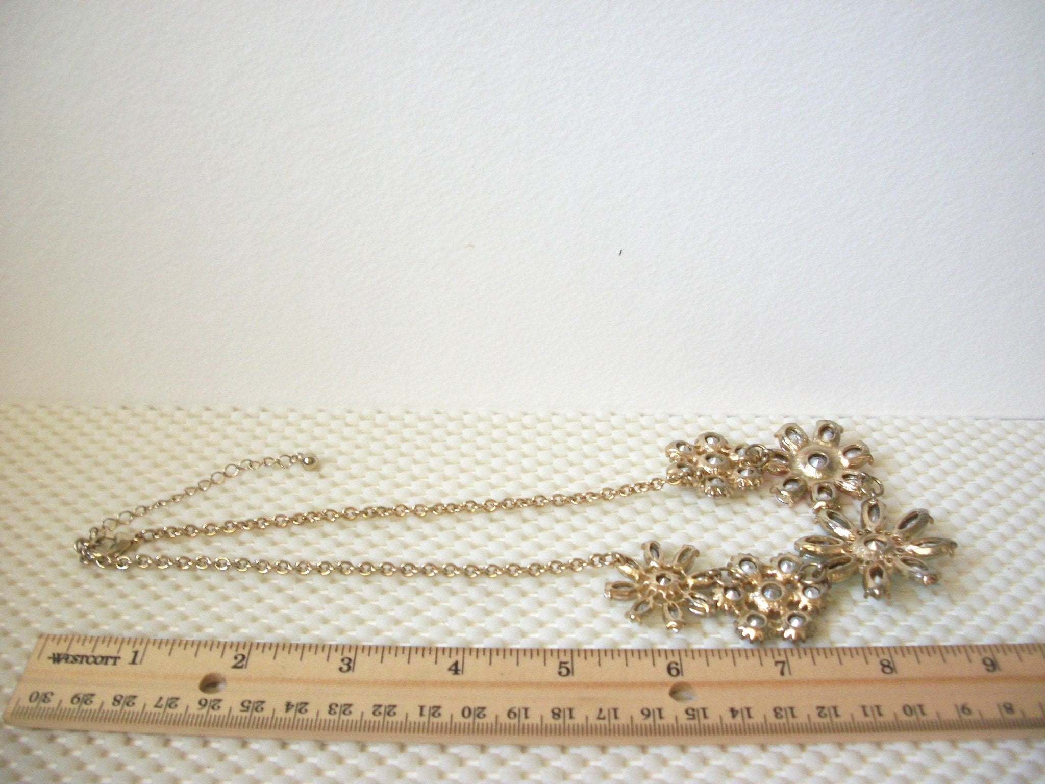 BOLD Vintage 18" - 21" Necklace Gold Tone Clear Glass Pastel Rhinestones Flower Statement 51016
