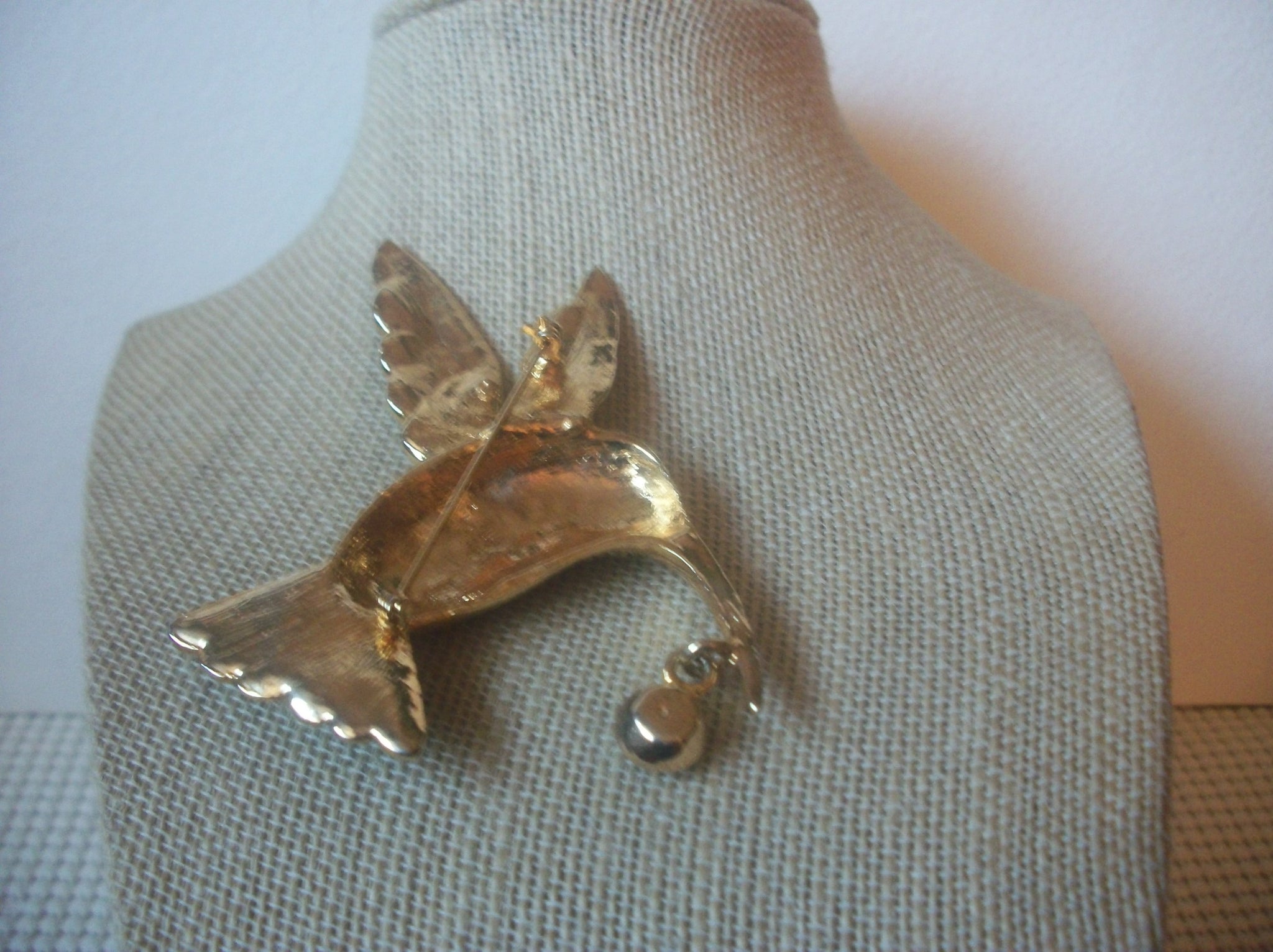 Heavier Very Large, Clear Crystals, Hummingbird, Blue Green Enameled, Vintage Brooch Pin 022121